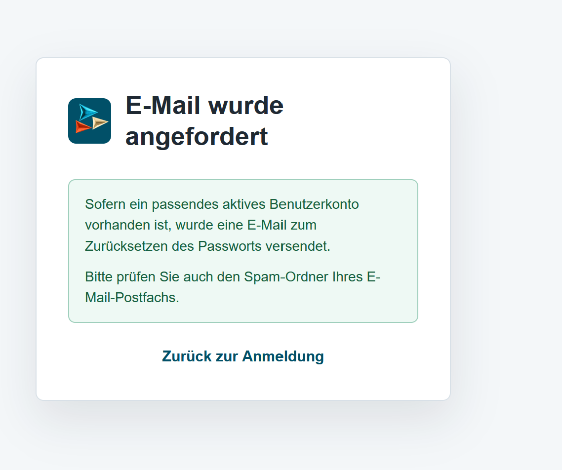 Bestätigung der angeforderten Passwort-E-Mail