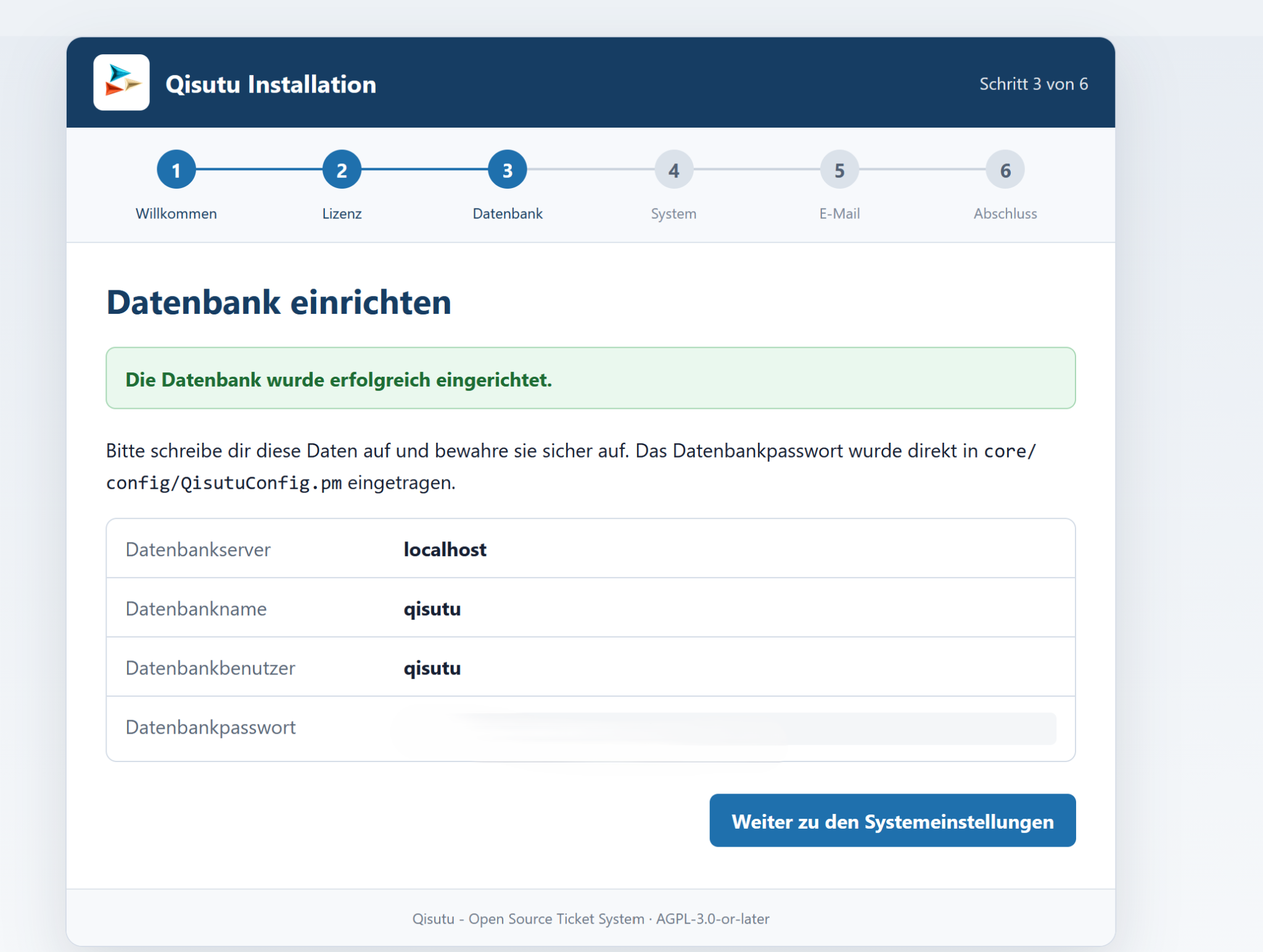 Webinstaller – Datenbank erfolgreich eingerichtet