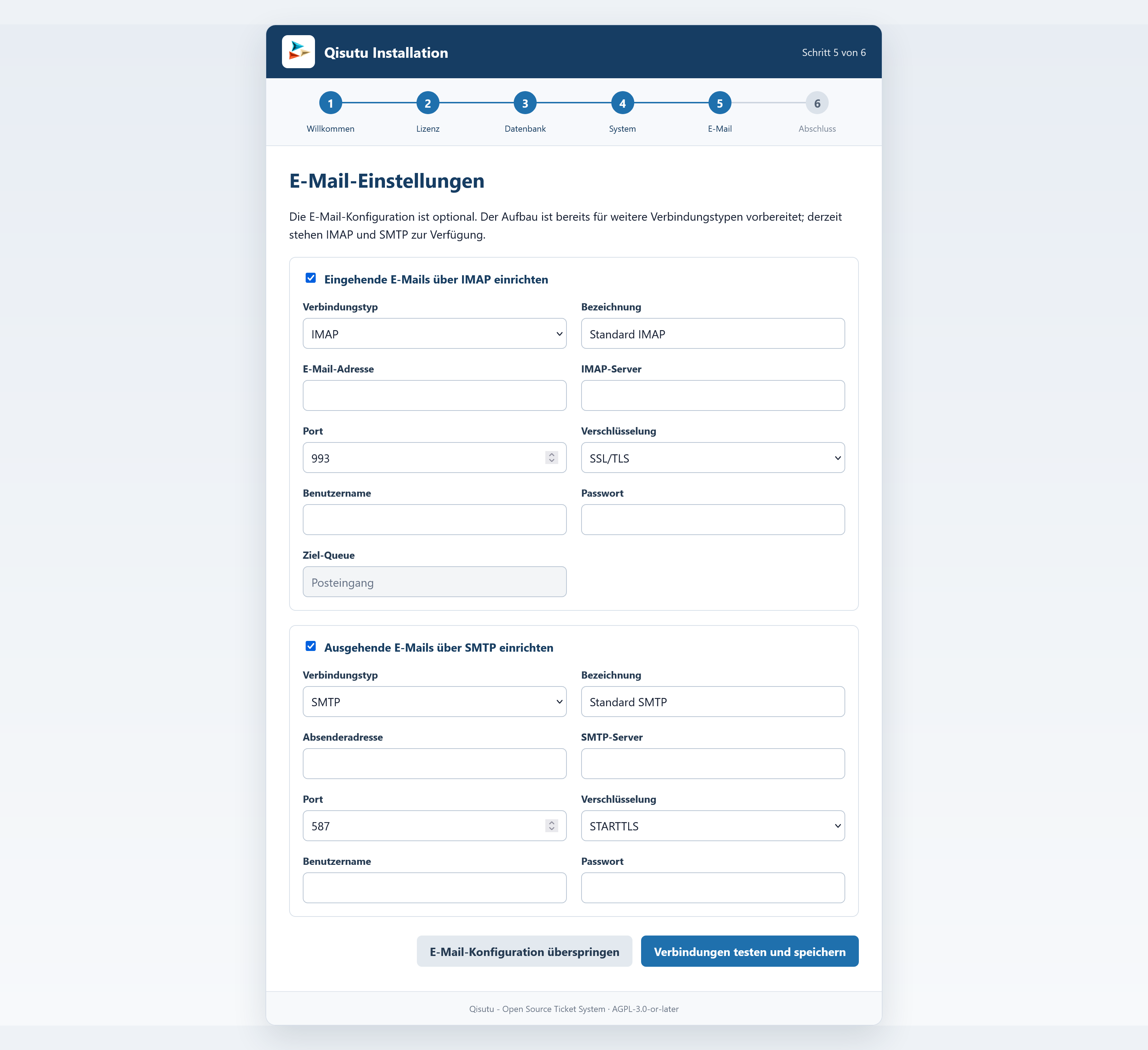 Webinstaller – E-Mail-Einstellungen