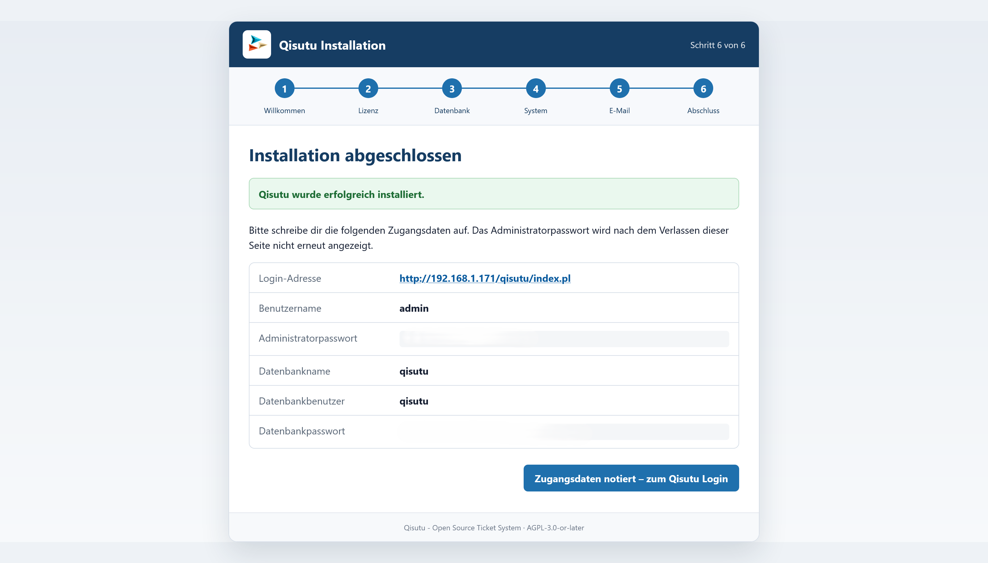 Webinstaller – Installation abgeschlossen