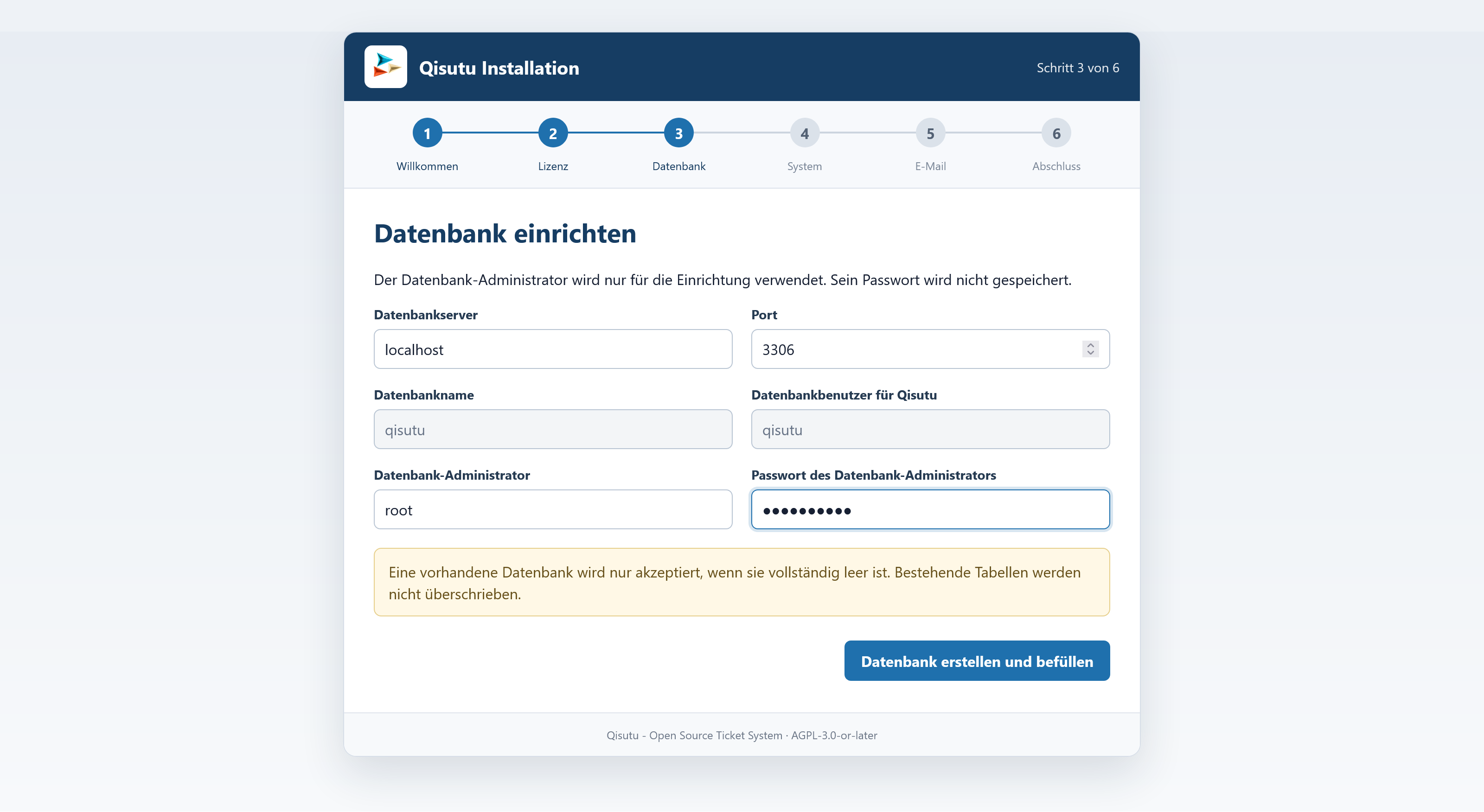 Web installer – configuring the database