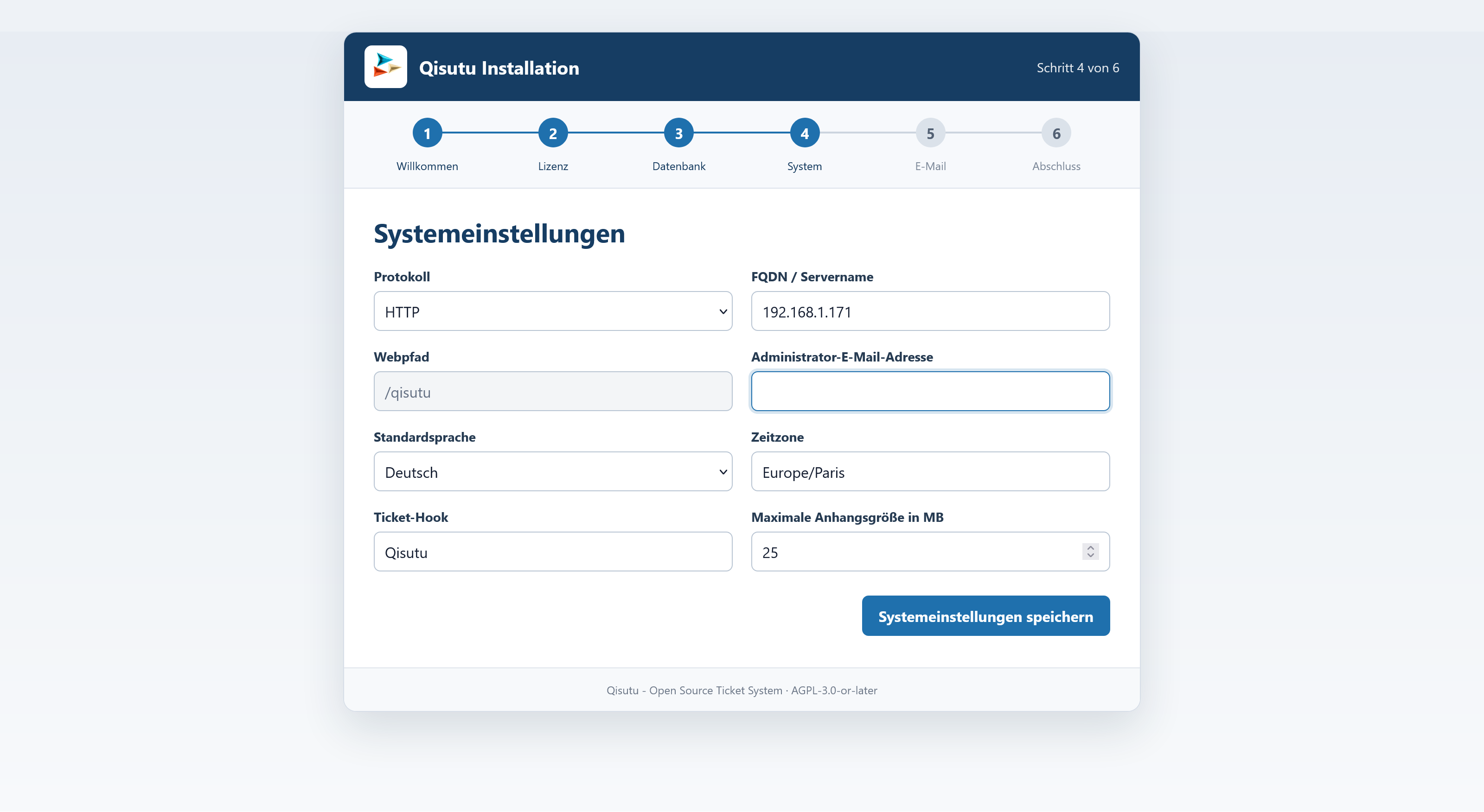 Web installer – system settings